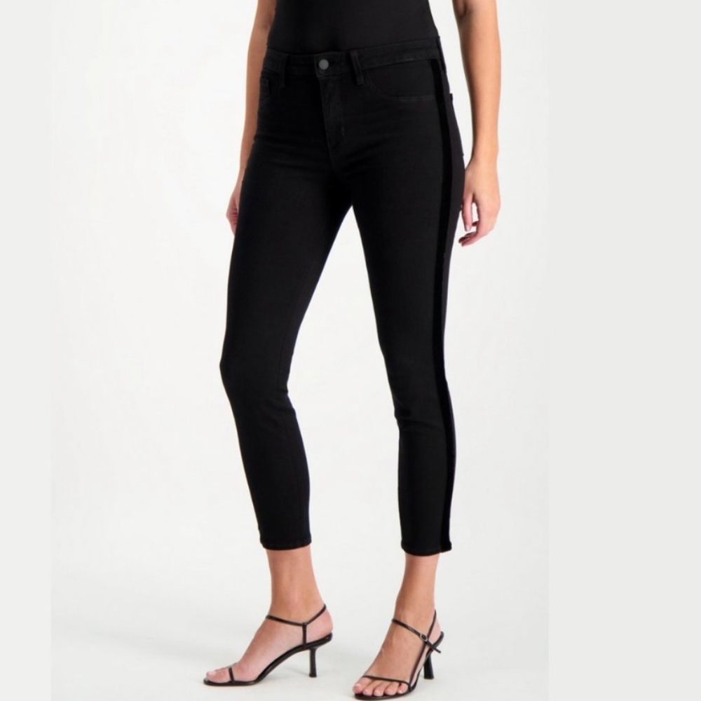 L'AGENCE Margot High Rise Tuxedo Cropped Skinny Jeans Noir Velvet Stripe